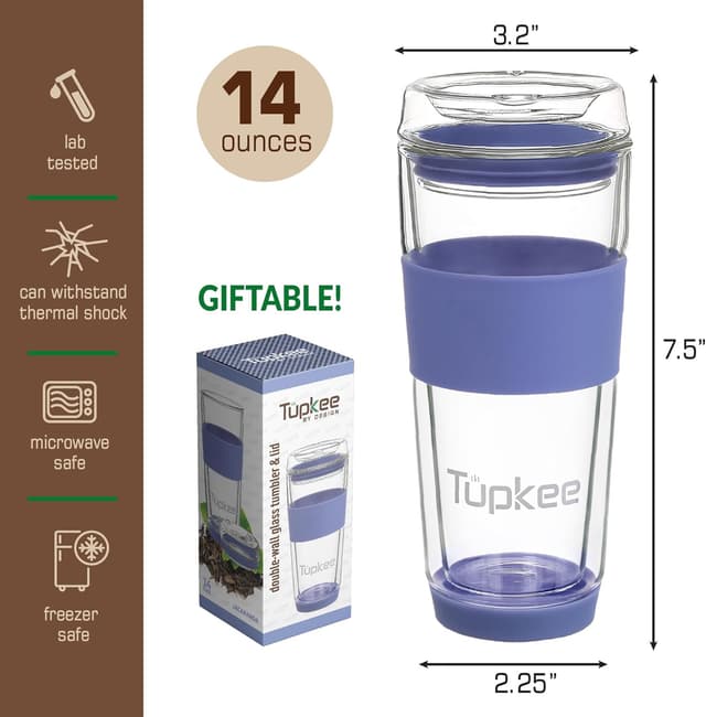 Detalle de Tupkee 14 oz Double-Wall Glass Travel Cup with Hand-Blown Borosilicate, Lid & Silicone Sleeve (Jacaranda)