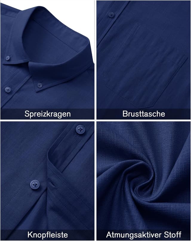 Detalle de J.VER Leinenhemd Herren Kurzarm – Regular Fit Button-Down mit Brusttasche für Sommer & Freizeit