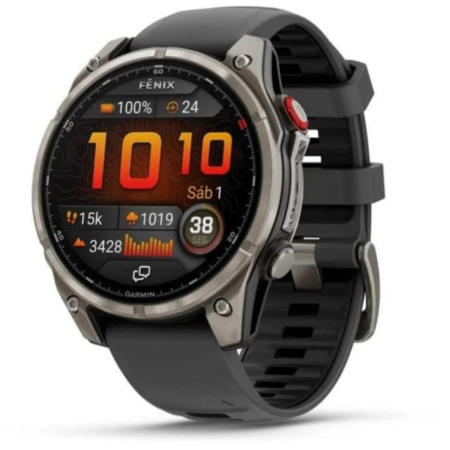 Detalle de Garmin Fenix 8 Pro LTE/NTN satelital 47 mm AMOLED de titanio con correa de silicona negra/gris