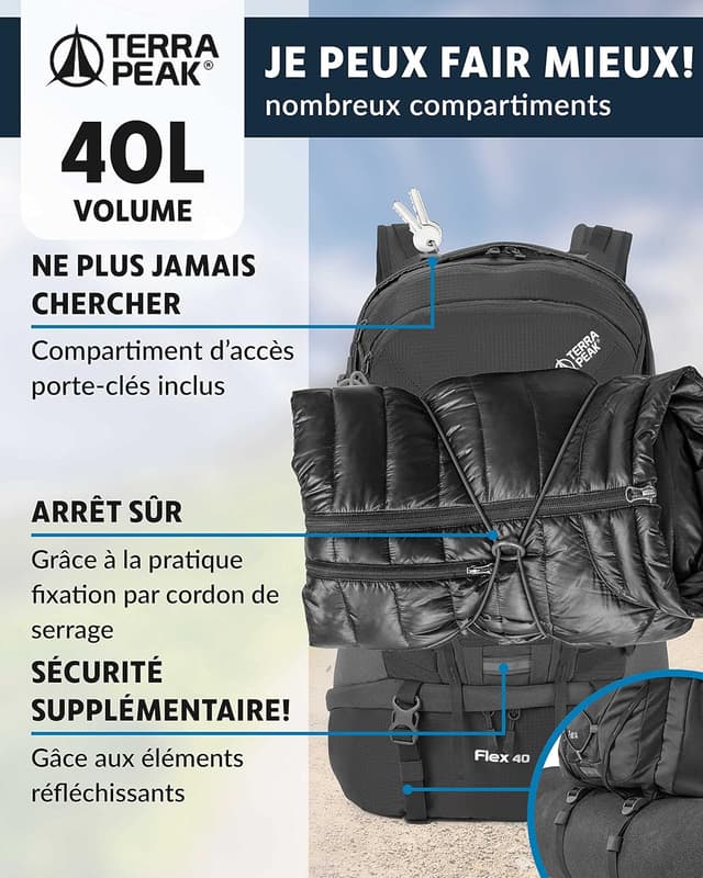 Detalle de Terra Peak FLEX 40 – Sac à dos de randonnée 40L (FLEX 40) respirant et imperméable, conçu pour femme et homme
