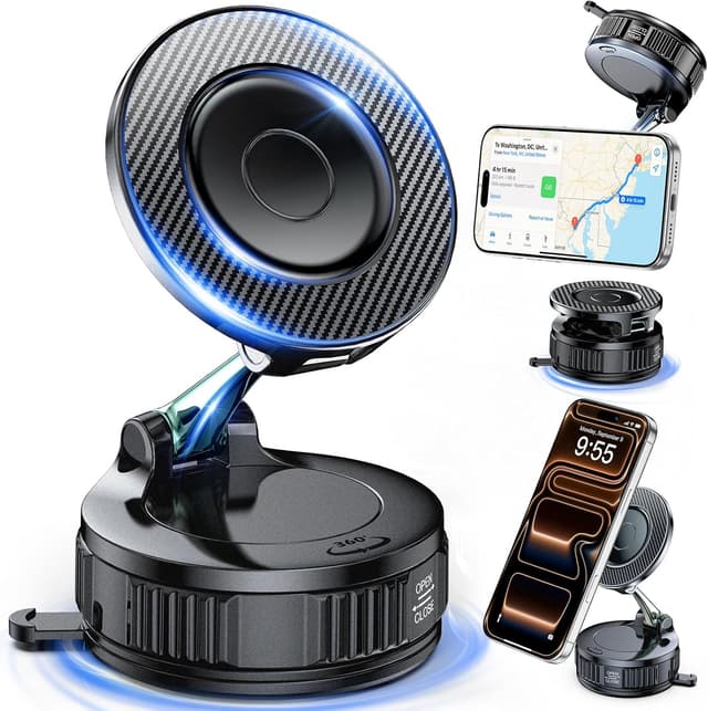 Detalle de Car Phone Holder for MagSafe (Carbon Fiber) — 108LBS Vacuum Suction Magnetic Mount with 360° Adjustment