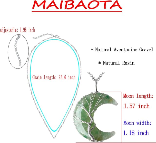 Detalle 1 de XIANNVXI collier en cristaux d’aventurine verte (croissant de lune) et arbre de vie