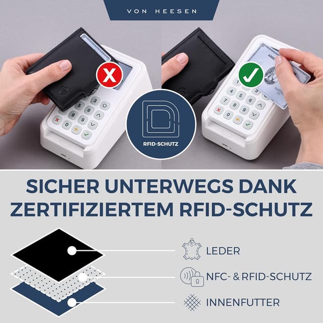 Detalle de VON HEESEN Slim Wallet mit XXL-Münzfach & RFID-Schutz – Leder-Kartenetui in Schwarz