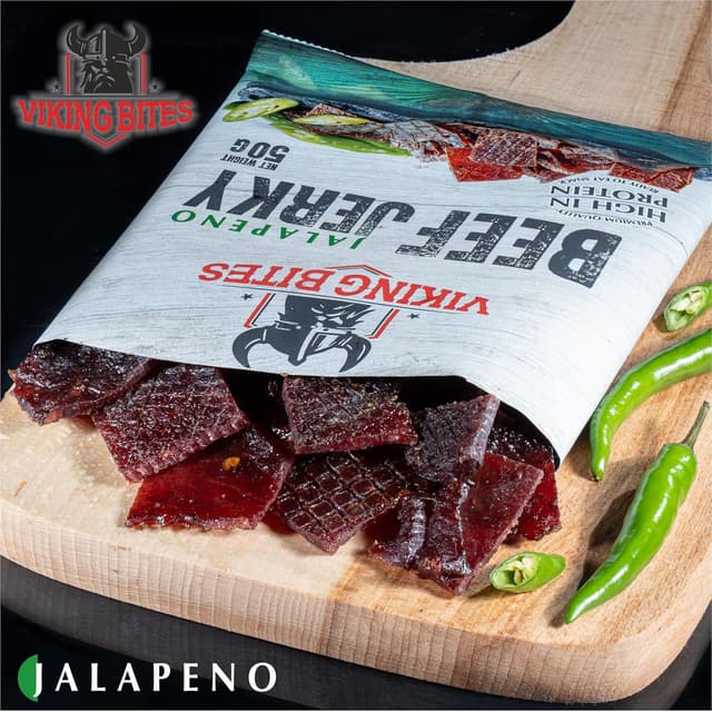 Detalle de Viking Bites Beef Jerky Jalapeno (400 g, 8 x 50 g) – getrocknetes Rindfleisch mit hohem Proteingehalt
