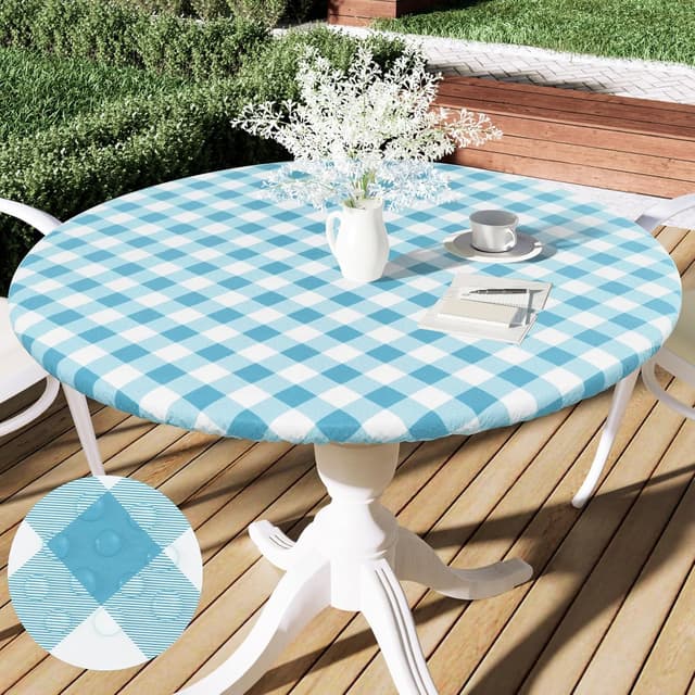 Thumbnail 6 de Smiry Round Picnic Tablecloth (45–56 in) — Elastic Fitted Vinyl Waterproof Cover with Flannel Back, White & Emerald Green