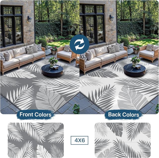 Detalle de GENIMO Outdoor Rug 120x180cm – Waterproof Reversible Garden Carpet (Grey & White)