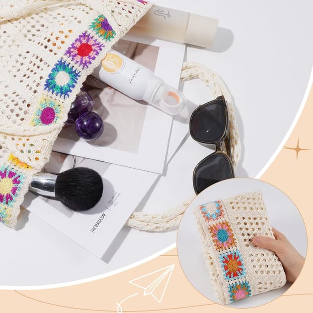 Detalle de Etercycle Crochet Tote Bag – mesh beach bag in colourful lace, boho summer hobo style