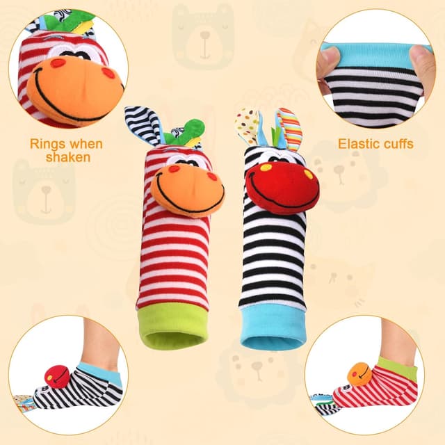 Detalle de Vicloon 4-teiliges Set Rasselsocken & Handgelenk-Rassel aus Plüsch (0–6/0–12 Monate)