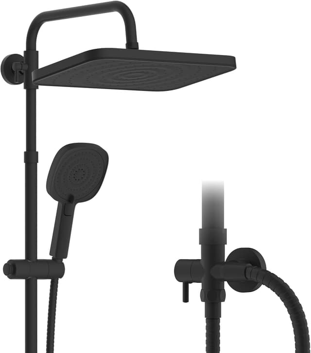 Detalle de Hibbent selbstreinigender Regenduschkopf-Set mit Edelstahl-Duschstange, 4-Wege Handbrause – höhenverstellbar, schwarz