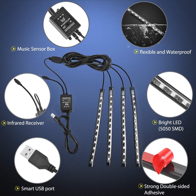 Detalle de Nilight 48-LED DC 5V Multicolor Music Car Strip Light Kit with Sound-Active + Wireless Remote (4 USB Interior Lights)