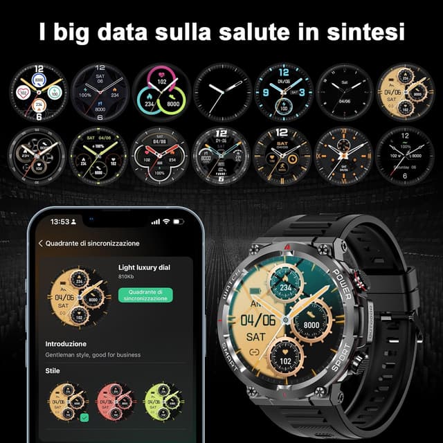 Detalle 2 de IOWODO Smartwatch Uomo con chiamate Bluetooth, cardio, SpO2 e 100+ modalità sport