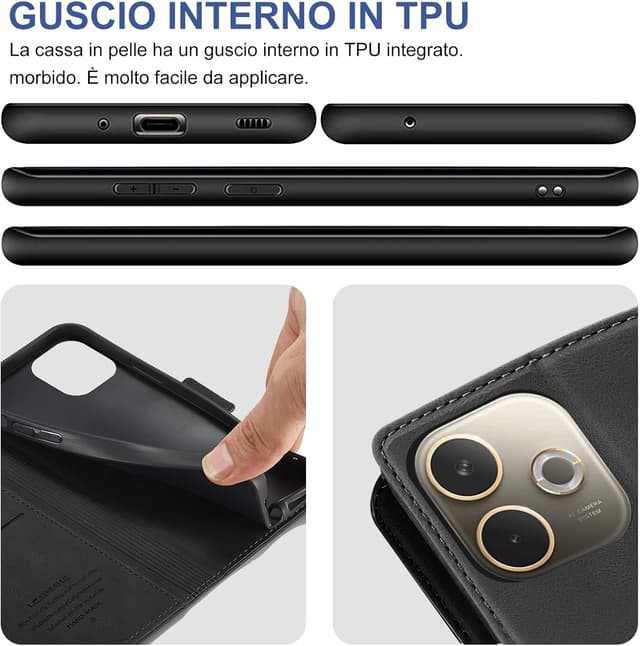 Detalle de Custodia Giyer per OPPO A5 Pro con vetro temperato, pelle PU e supporto flip (anti-RFID) – Nero