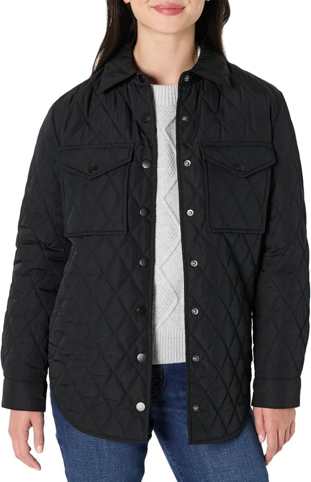 Detalle de Amazon Essentials Damen Lange Relaxed-Fit-Steppjacke mit Druckknöpfen