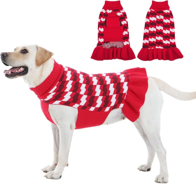 Detalle de OUOBOB Christmas Dog Dress for Female Dogs (Warm Knitted Jumper Dress with Skirt) – Red, 5XL