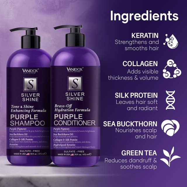 Detalle de VANIDOX Sulfate-Free Purple Toning Shampoo & Conditioner Set (16 fl oz each) for Grey and Silver Hair