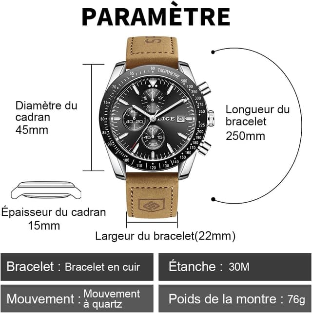 Detalle de LIGE Montre Homme chronographe analogique Quartz bracelet cuir souple 45 mm