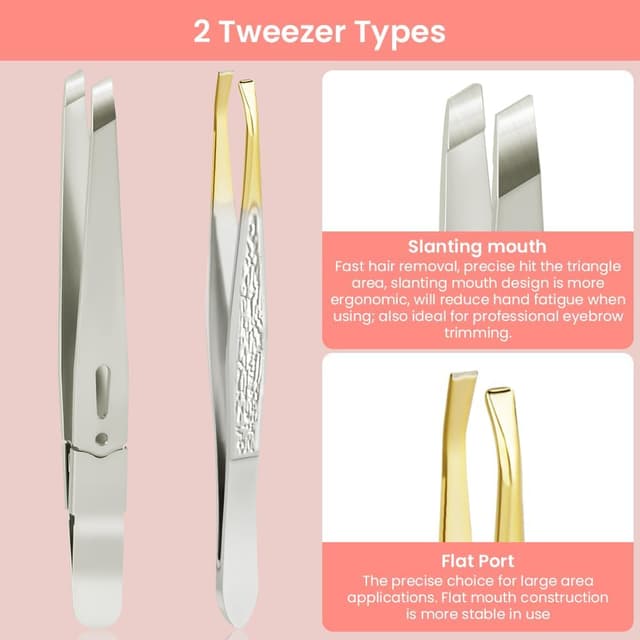 Detalle de AUYAO Pinzetta sopracciglia professionale 2 pezzi (punta piatta e inclinata) in acciaio inox con custodia in PU