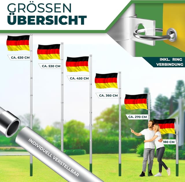 Detalle de KESSER® Teleskop Fahnenmast aus Aluminium, 6,30 m inkl. Bodenhülse (60 cm) & Deutschlandflagge, höhenverstellbar