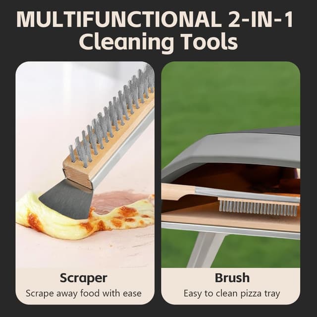 Detalle 2 de OFFCUP Spazzola da forno per pizza con raschietto, 56 cm (setole in acciaio inox e manico in legno)