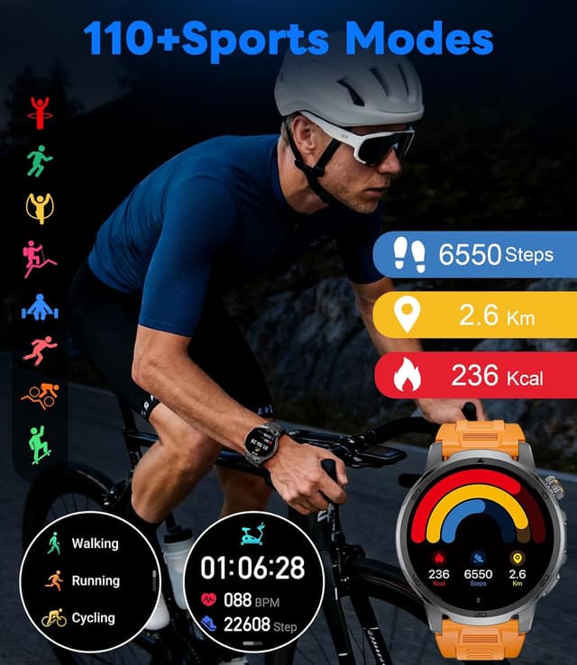 Detalle de Montre Connectée Homme 1,85" : écran tactile, appels Bluetooth, cardio & sommeil, IP68, torche LED