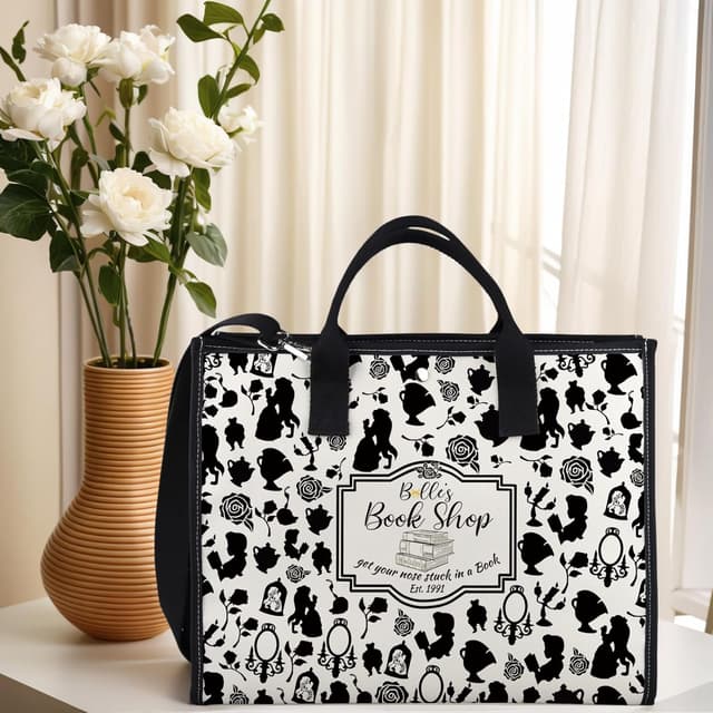 Detalle de JTOUK Beauty Movie Inspired Princess canvas tote bag with magnetic closure and adjustable strap