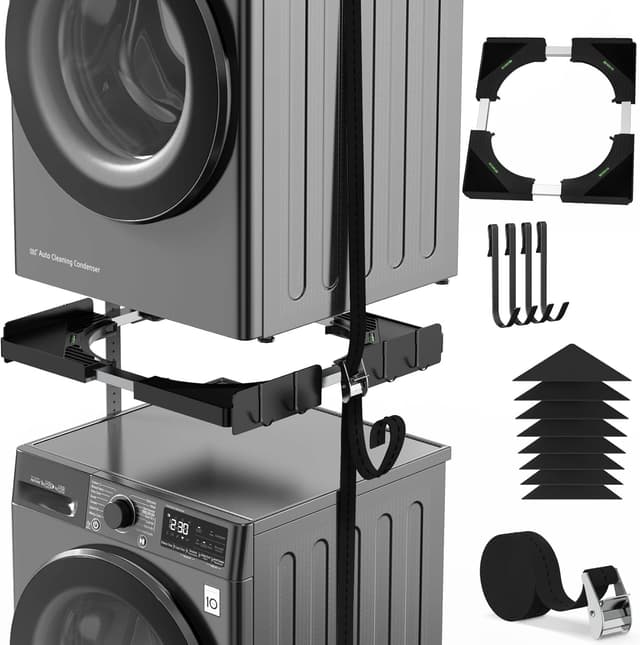 Detalle de Ultrasottile Kit Sovrapposizione Lavatrice & Asciugatrice Universale (45-68 cm) con 4 ganci, anti-vibrazione e installazione senza fori
