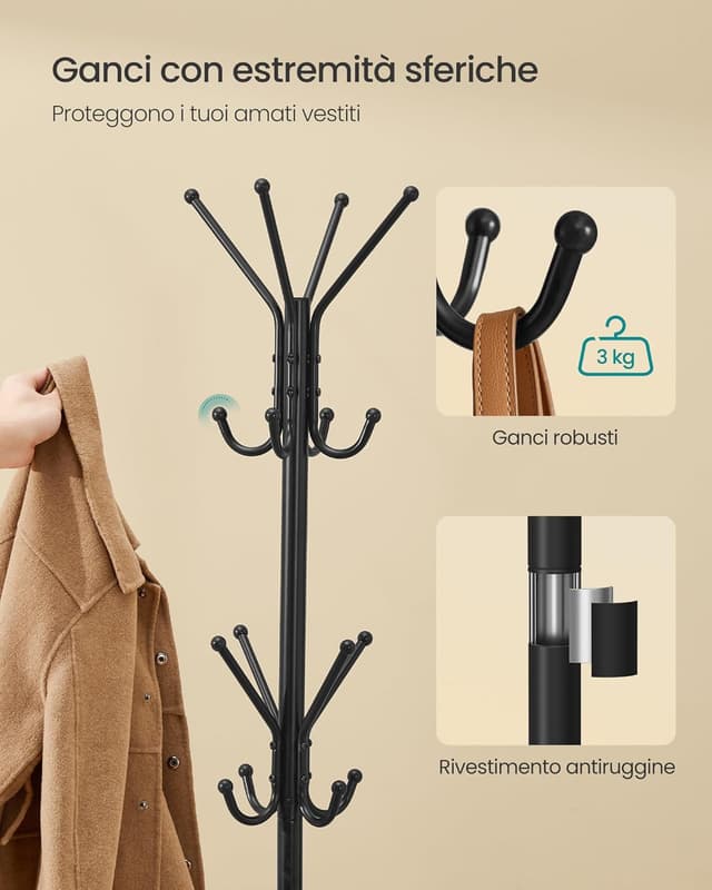 Detalle 2 de SONGMICS appendiabiti da terra nero inchiostro con 16 ganci RCR081BH01, altezza 175 cm