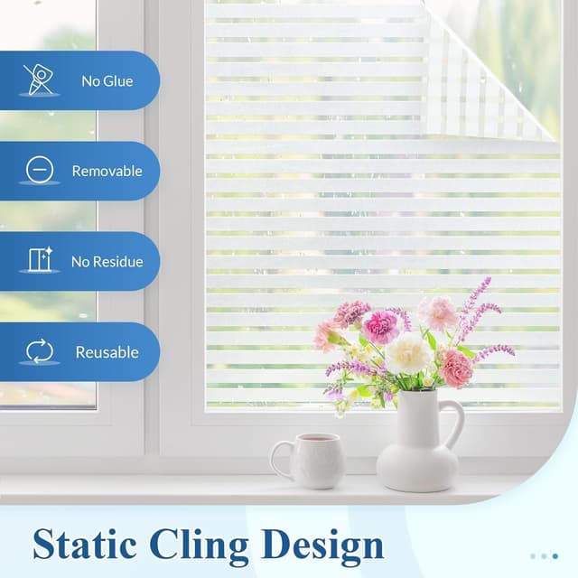 Detalle de DOWELL Privacy Window Film with Classic Stripes & Blinds Pattern (60x200cm) — static cling, anti-UV, temporary privacy