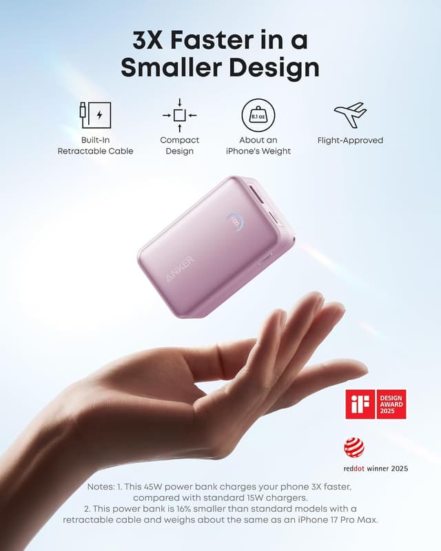 Detalle de Anker Nano Power Bank (10,000mAh, 45W) with retractable 70 cm InstaCord cable