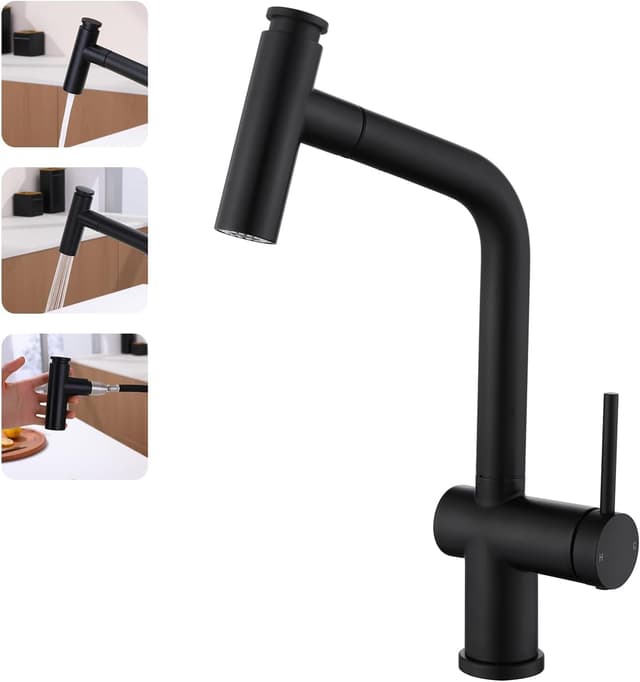 Detalle de YardMonet Küchenarmatur Schwarz mit ausziehbarer Brause und 360° Schwenkauslauf