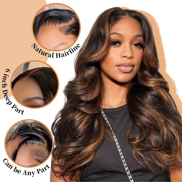 Detalle 2 de Afribye 30-inch 13x6 Highlight Body Wave Lace Front Wig (Human Hair, Pre-plucked, Ombre, HD Lace, Glueless)