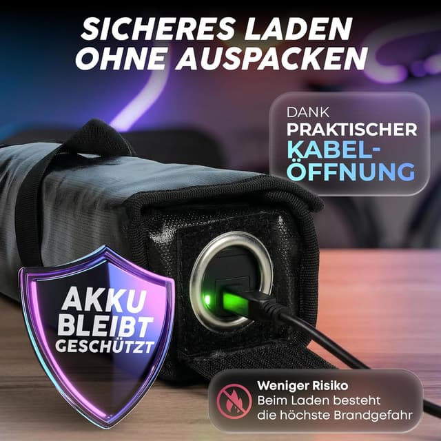 Detalle de VALKENBERG E-Bike Akku Tasche (Größe L) – feuerfeste Akkubox mit Kabeldurchführung & Trageschlaufe