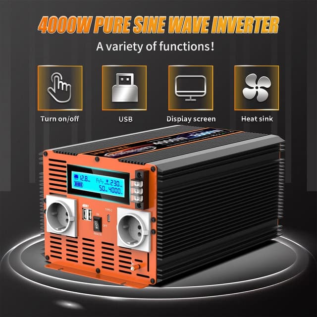 Detalle 2 de JARXIOKE Inverter 12V a 220V onda pura 4000W con telecomando, doppie prese AC e USB-C