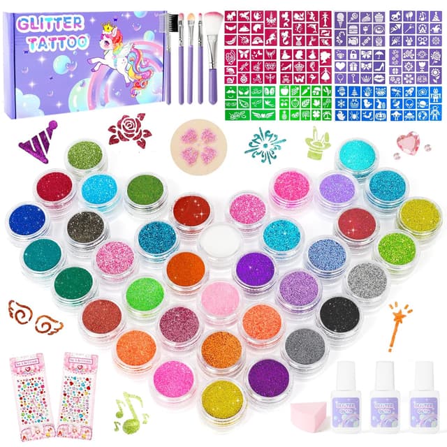 Detalle de Glitzer Tattoo Set Kinder – temporäre Glitzertattoos für Mädchen mit 38 Farben, 139 Schablonen & Zubehör