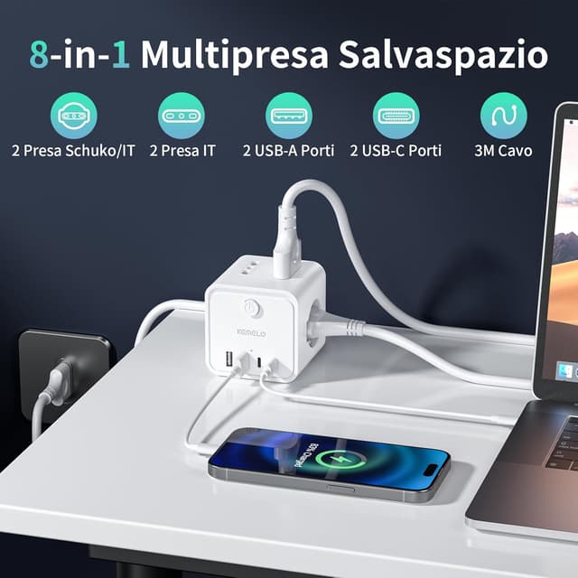 Detalle 2 de Ciabatta Elettrica Multipresa con 4 prese universali 10/16A, 2 USB-A + 2 USB-C e 3 m di prolunga (spina piatta salvaspazio) – kit nero con interruttori