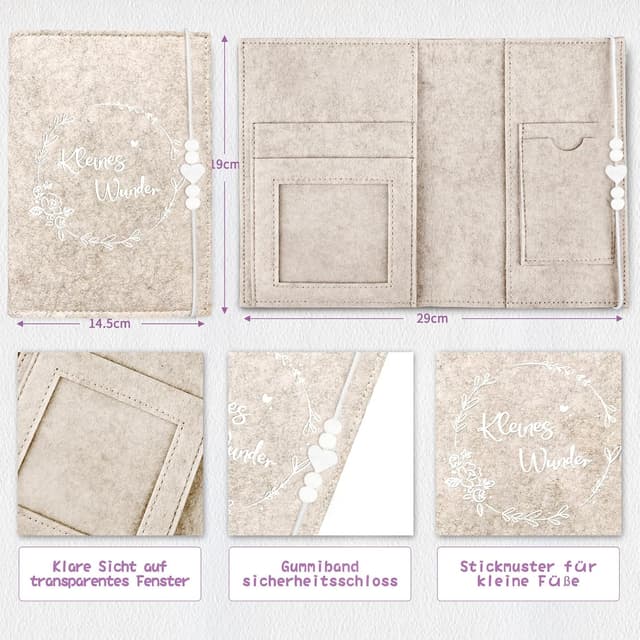 Detalle de Mutterpasshülle aus Filz für den Deutschen Mutterpass – Beige mit weißen Perlen & Herz
