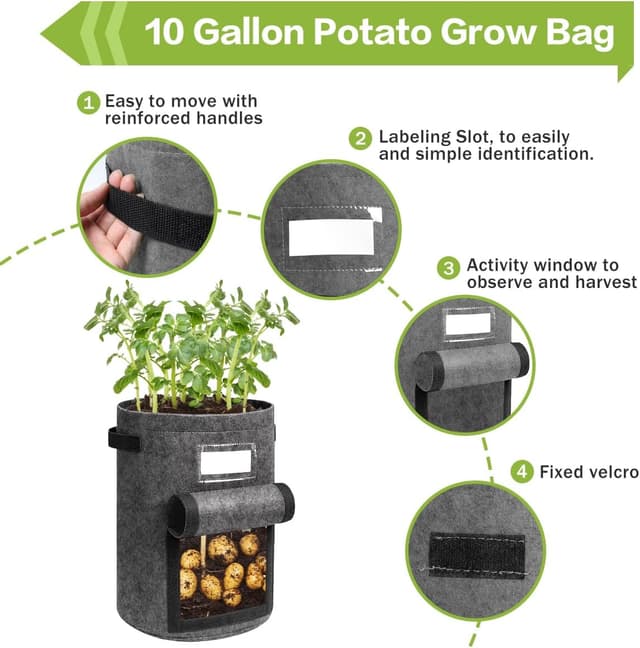 Detalle de Airminti 3er-Set 10 Gallonen Kartoffel-Pflanzsäcke aus Vlies mit Griffen und Sichtfenster