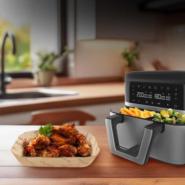 Detalle de Cecotec Cecofry TwinBucket : lot de 150 papiers silicone pour friteuse à air chaud (format 24 x 18 cm)