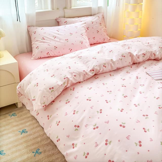 Detalle 2 de AShanlan Bettwäsche-Set aus Baumwolle 155x220 Rosa mit Kirschen & Herzen (mit Reißverschluss) – 1x Bettbezug + 1x Kissenbezug 80x80