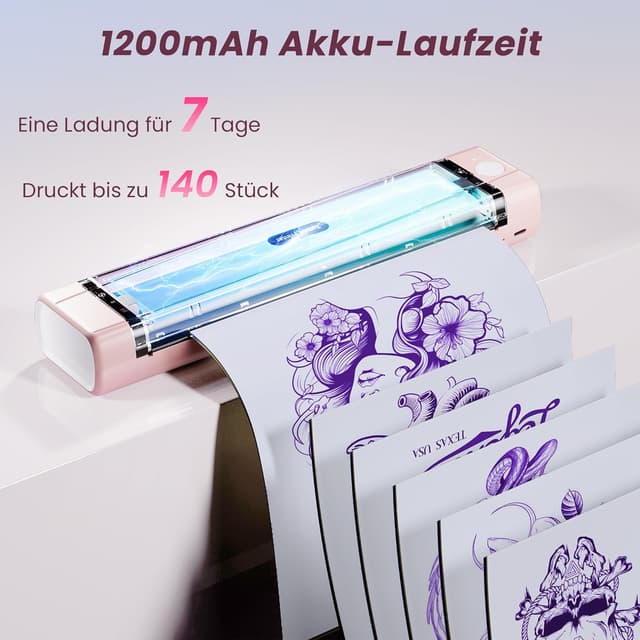 Detalle de TATTMUSE Tattoo Drucker Bluetooth A887 – Schablone für Tattoo Transfer, inkl. 10 Papier (rosa)