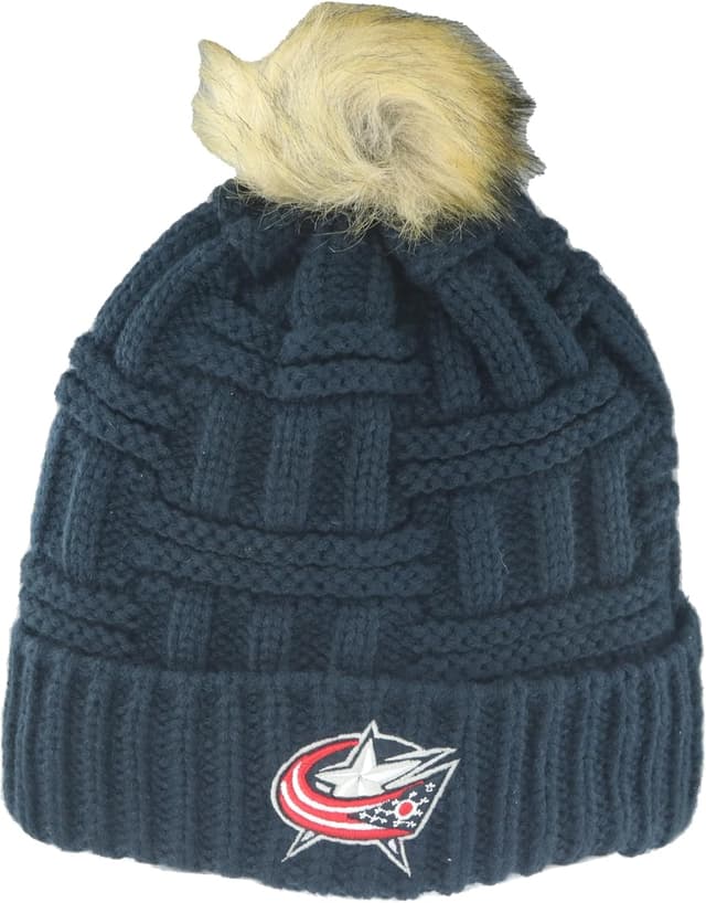 Detalle de ZHATS NHL Officially Licensed Women’s Faux Fur Pom Beanie (Columbus Blue Jackets)