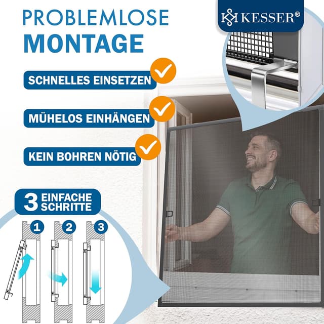 Detalle de KESSER® Fliegengitter Fenster 100x120 cm mit Aluminiumrahmen (ohne Bohren) – Anthrazit