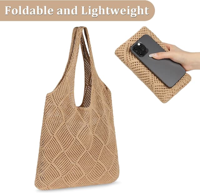 Detalle de Etercycle Crochet Tote Bag – Mesh beach bag in brown for summer days