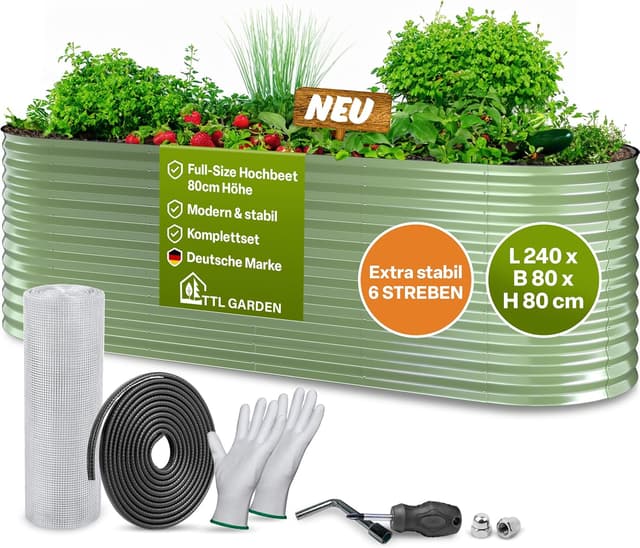 Detalle de TTL GARDEN Nature L Metall-Hochbeet 240x80x80 cm (salbei-grün) – verzinkt & lackiert mit Ungeziefer-Draht