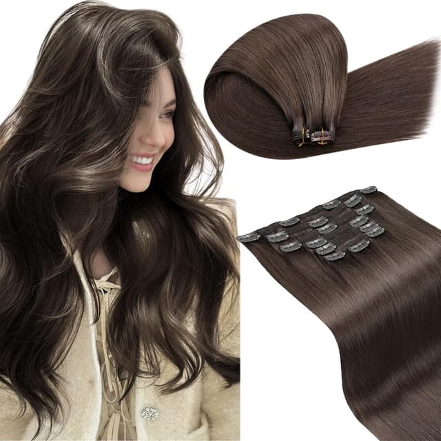 Detalle de LaaVoo Clip-in Extensions Mokka Braun – Echthaar, 45 cm, 7-teilig (120 g) #1C