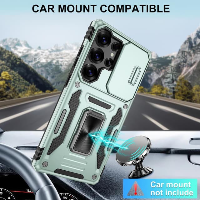 Detalle 2 de Jshru Samsung Galaxy S25 Ultra case with screen protector, sliding camera cover and ring stand (Alpine Green)