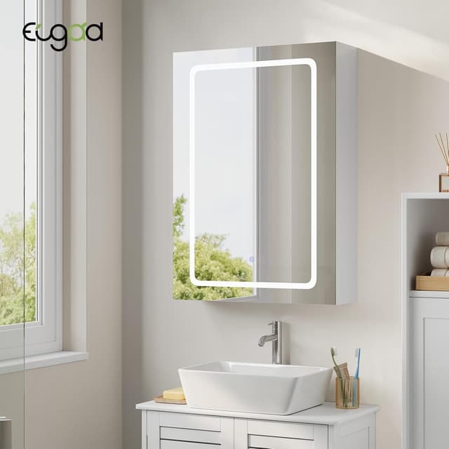 Detalle de EUGAD Spiegelschrank für kleine Badezimmer mit 1 Spiegeltür, 3 Farbtemperaturen & Steckdosen (50 x 70 x 14,5 cm) – Weiß