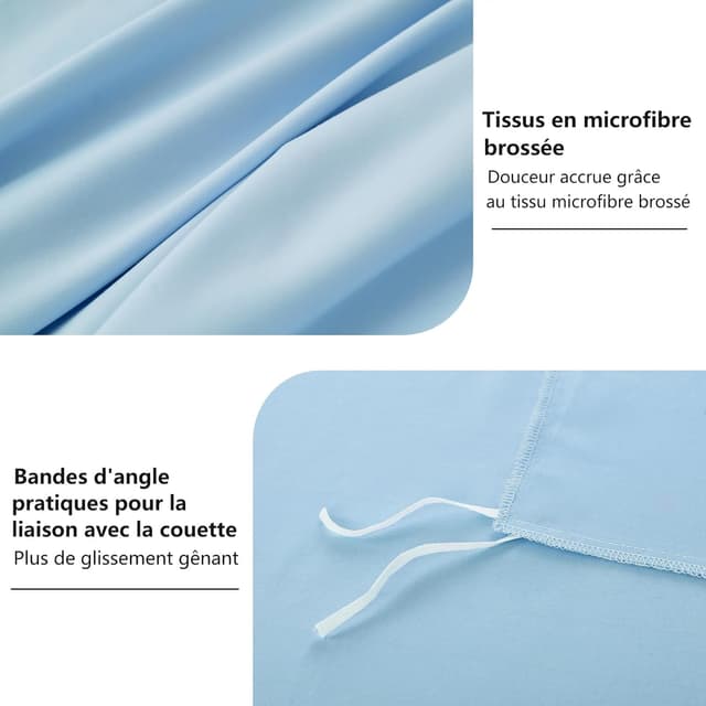 Detalle de RUIKASI Parure de lit 2 personnes 200x200 cm en microfibre bleue avec fermeture éclair (1 housse de couette + 2 taies 65x65)