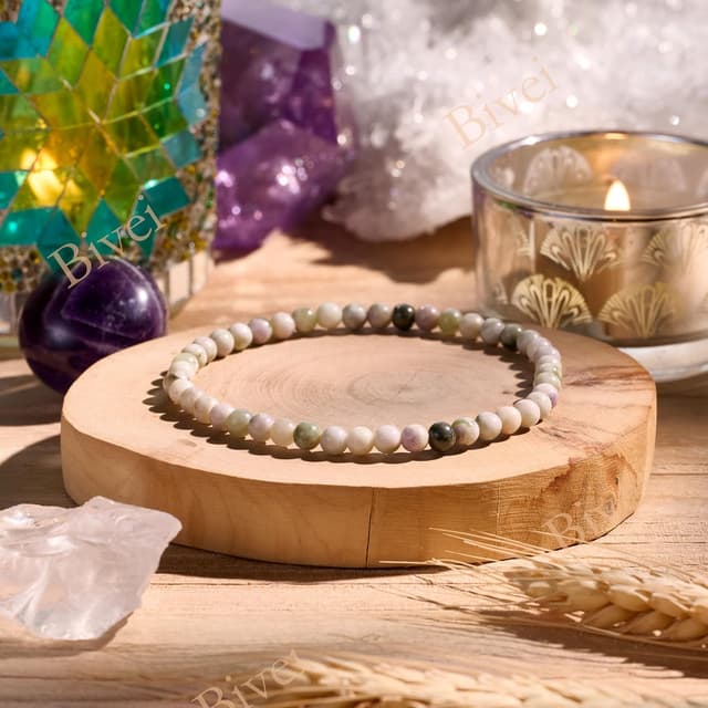 Detalle 2 de Bivei Braccialetto di Cristallo da donna con perle da 4 mm e chiusura elastica (giada/“pace”)