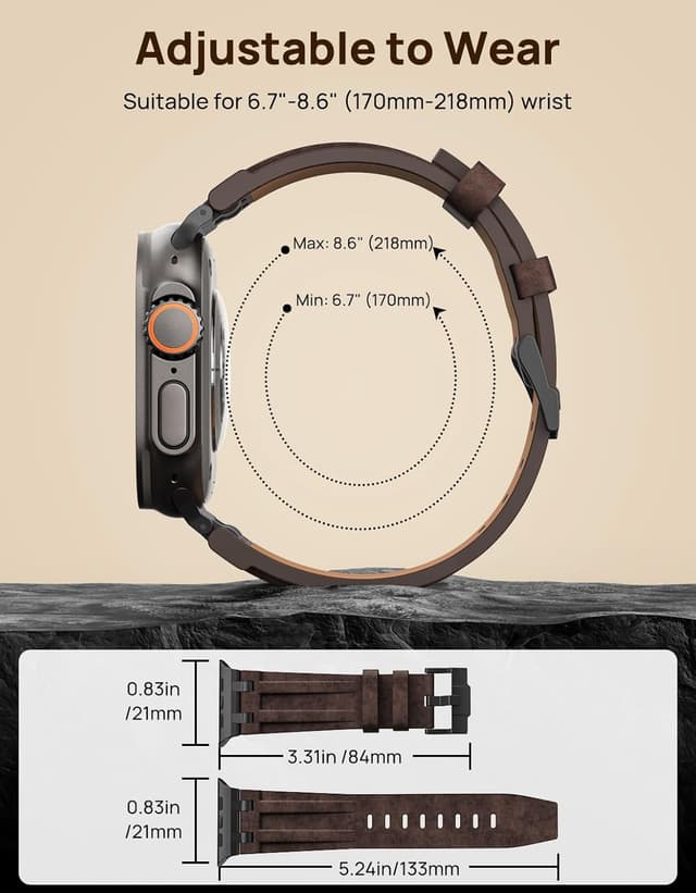 Detalle de MoKo Bracelet en cuir pour Apple Watch (Crazy Horse) avec connecteurs métal — compatible 49/46/45/44/42 mm